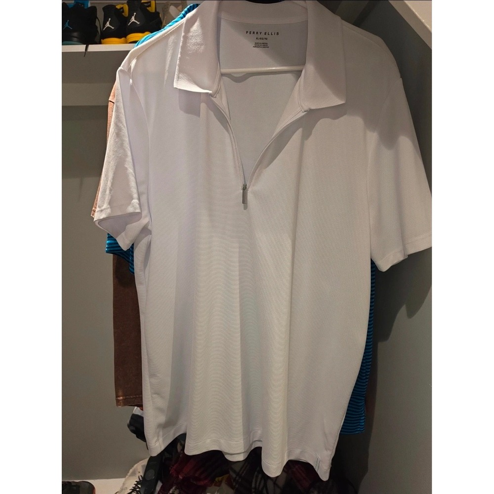 Perry Ellis Mens White Quarter Zip Short Sleeve Polo Shirt XL Textured Knit